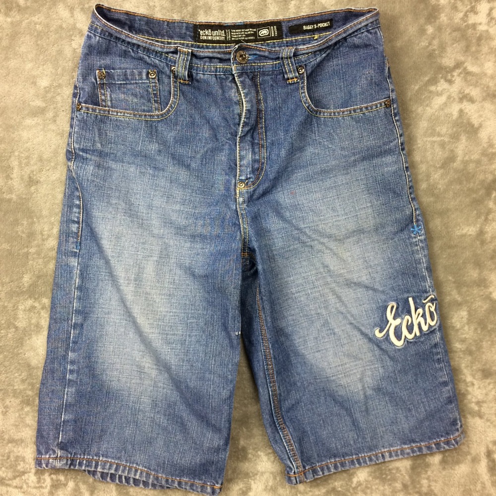 Ecko Unltd Jean Shorts Boys Size 18 Blue Baggy 5-Pocket Embroidered Denim